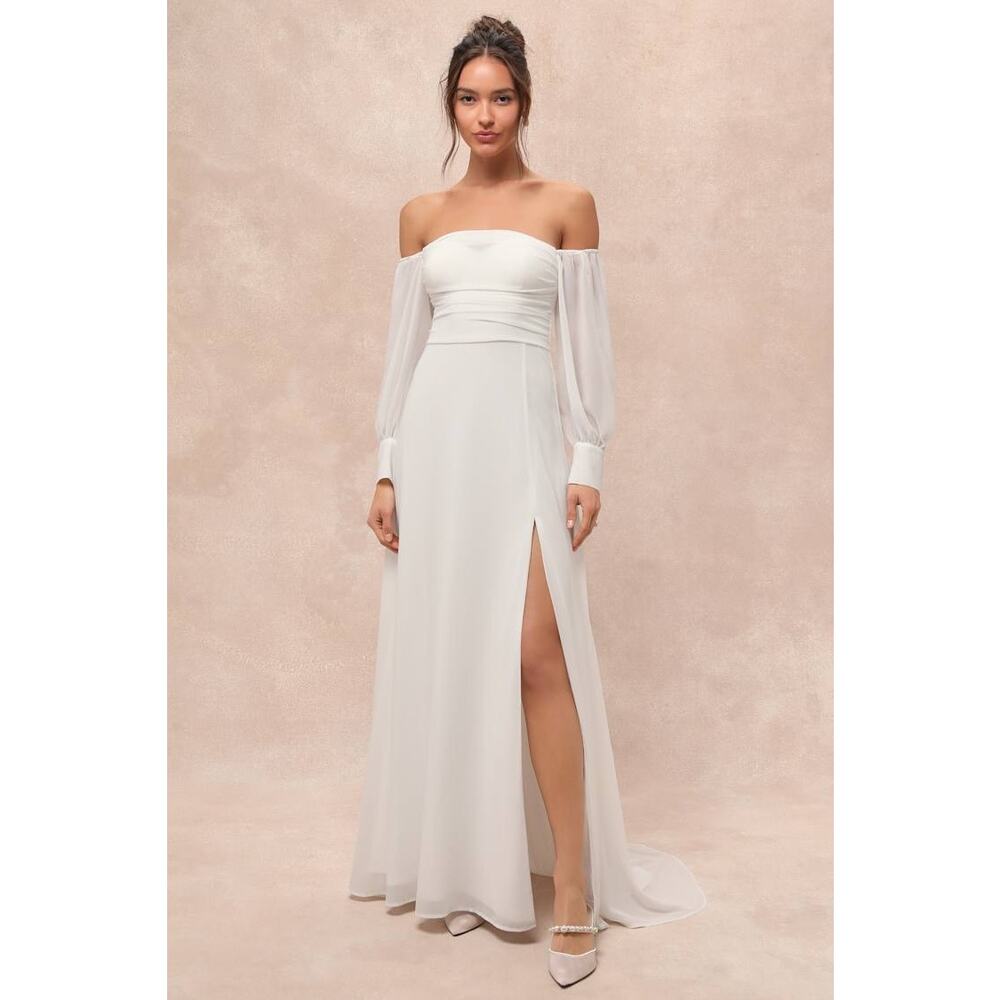 NWT Lulus Adorna White Off-the-Shoulder Maxi Dress Bridal Bride Wedding Size M